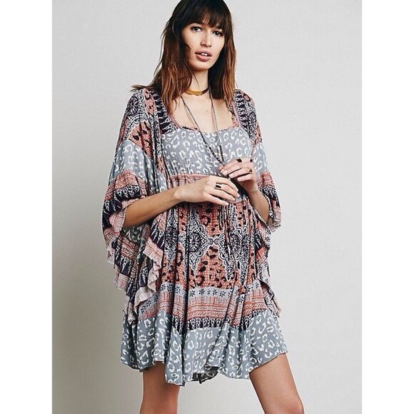 Free People Dresses & Skirts - Free People Boho Flowy Printed Bell Sleeve Crisscross Back Hippie Mini Dress